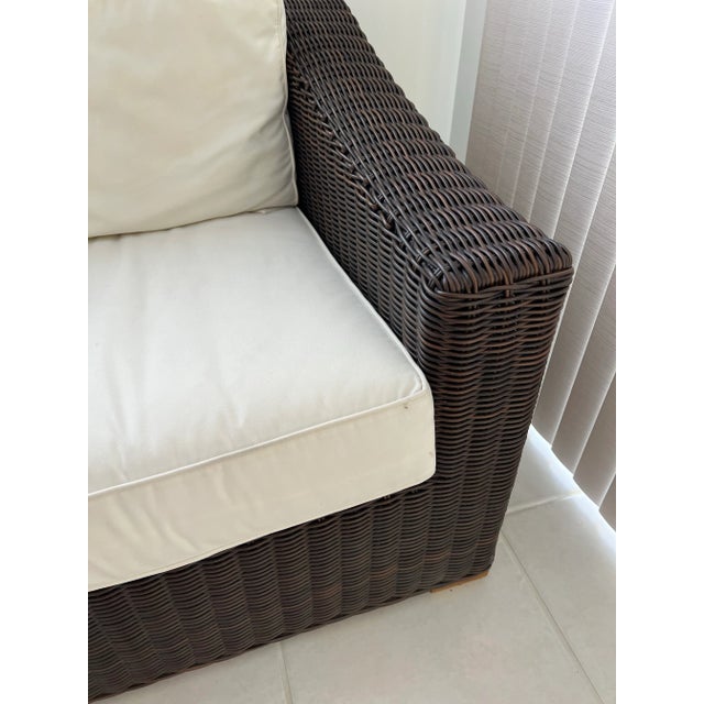 Contemporary Vintage Brown Weaved Couch With White Cushions For Sale - Image 3 of 10