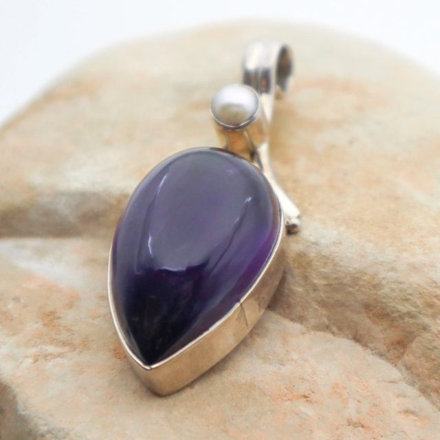 Vintage Amethyst With Pearl Sterling Silver Pendant For Sale - Image 10 of 13