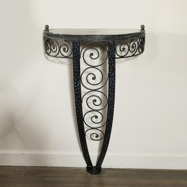 Black Art Deco Demilune Wrought Iron Spiral Motif & Porto Marble Inset Console Table For Sale - Image 8 of 13