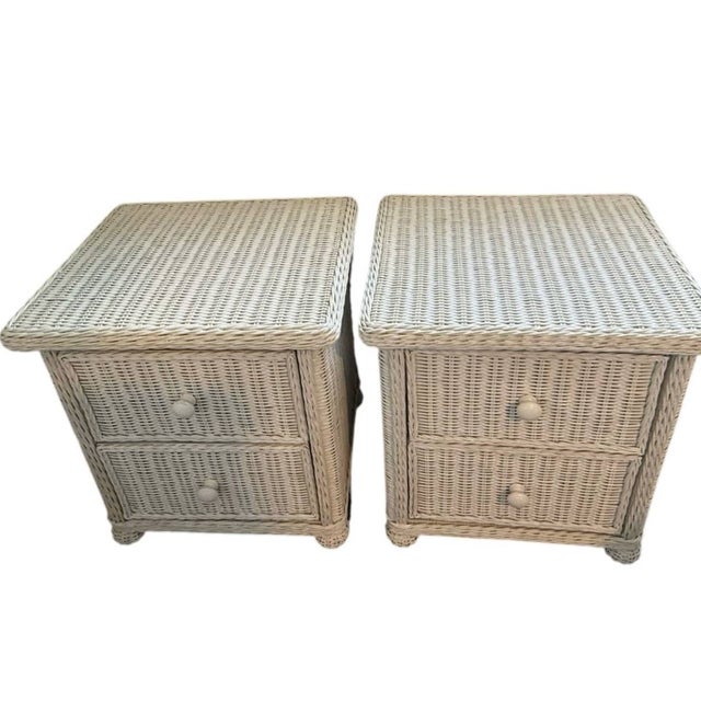 Pair, Wicker, End Tables, Vintage All Wood, Wicker Exterior For Sale - Image 9 of 10