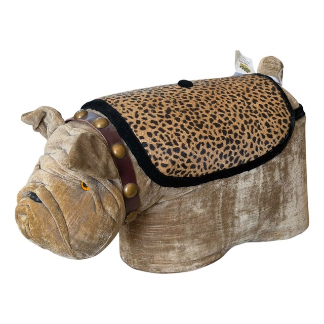 Vintage Velvet & Leather Bulldog Footstool Ottoman For Sale