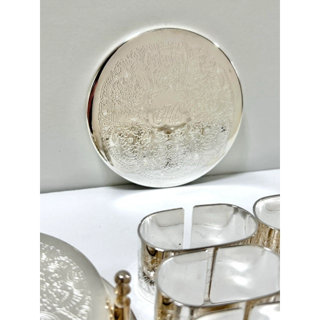 1970s Etched Silverplate Coasters With Holder & Napkin Rings – 13 Piece Set For Sale - Image 4 of 10