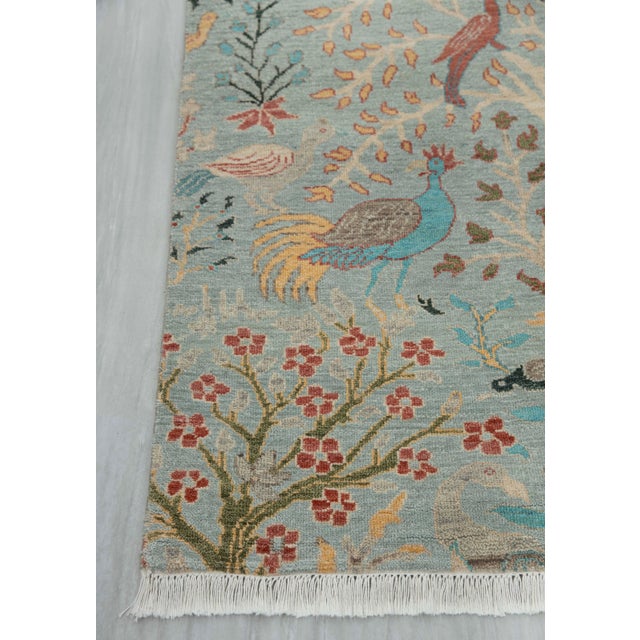 Persian 2.6x10ft. Light Blue Peacock Bird Garden Hand Knotted Wool Rug For Sale - Image 3 of 3