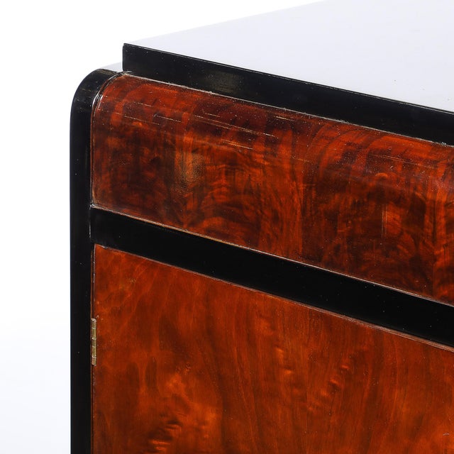 Art Deco Machine Age Waterfall Front Book-Matched Walnut & Black Lacquer Cabinet For Sale - Image 9 of 18