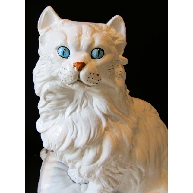 1960s Vintage Italian Terra-Cotta Two Piece Sculpture Persian White Cat on a Pillow Circa 1960s For Sale - Image 5 of 16