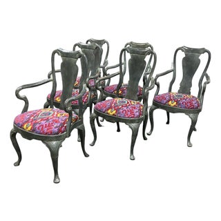Custom Queen Anne Revival Upholstered Armchairs, Set of Six For Sale