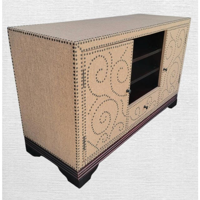 Vintage Textured Tan Linen Covered Studded British Baker Style Colonial Storage Tv Stand Cabinet For Sale - Image 9 of 13