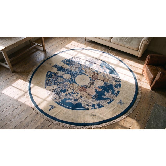 Pretty Floral Design in a Ivory Field & Navy Border Color Antique Round Chinese Peking Rug For Sale - Image 9 of 9