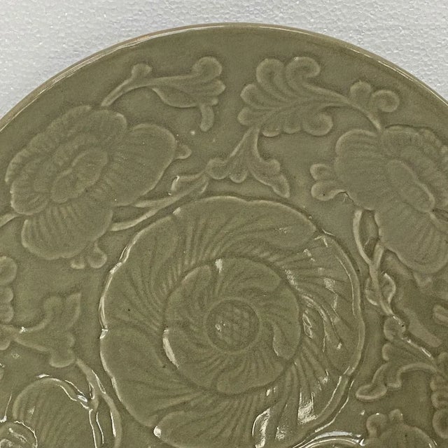 Chinese Qing Yaozhou Celadon Pottery Floral Molded Plate For Sale - Image 4 of 6