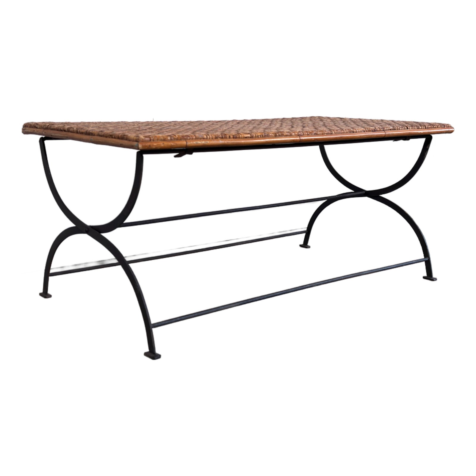 Vintage Woven Herringbone Rattan Top and Wrought Iron Folding Coffee Table
