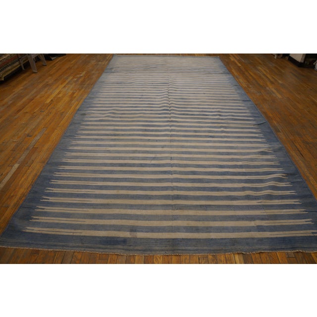 1930s Indian Cotton Dhurrie Carpet ( 8' x 16'4" - 245 x 498 ) Antique Dhurrie Large Room Size Wool Blue Rug, Circa Date:...