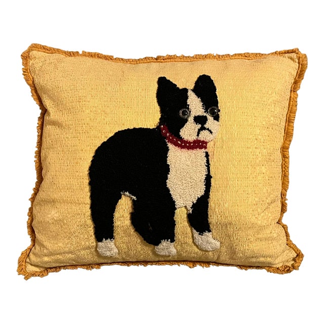 1940's Stumpwork Needlework of a Boston Terrier Fashioned as a Pillow For Sale
