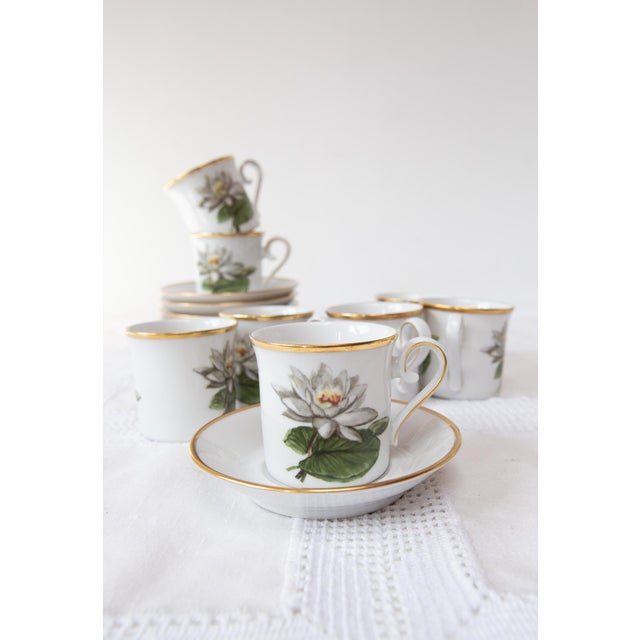 Cups: 6 cm (height 6.5 cm); 12 cm saucers. Vits Näckros (White Water Lily) motif — the provincial flower of Södermanland —...