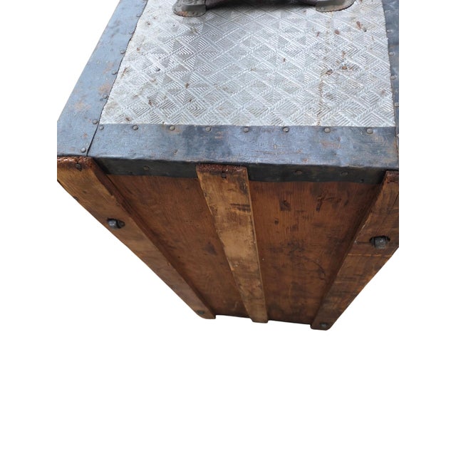 Wood Antique Fitted Embossed Tin Dome Top Humpback Steamer Travel Trunk Chest For Sale - Image 7 of 18