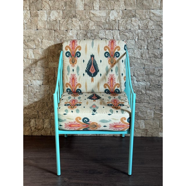 Pair of Wrought Iron Turquoise Lounge Chairs with Outdoor Geometrical Fabric For Sale - Image 18 of 18