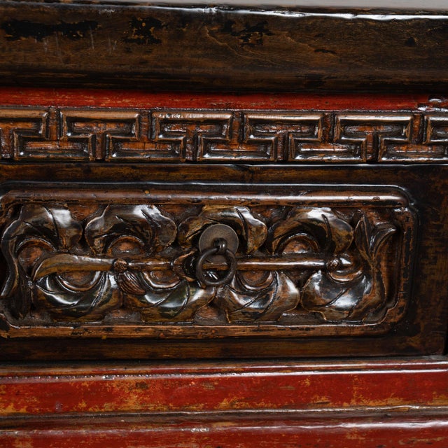 19th Century Chinese Red Altar Console Table With Carved Drawers For Sale - Image 11 of 18
