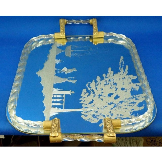 Large 20th Century Mirrored Tray in Murano Glass and Gilded Brass attributed to the Barovier & Toso Glassworks, Italy, 1940s For Sale - Image 6 of 18
