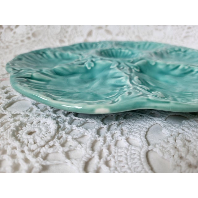 1950s Mid-Century French Gien Turquoise Aqua Blue-Green Glazed Oyster Plate For Sale - Image 5 of 7