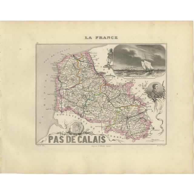 Antique Map of Pas-De-Calais by Vuillemin, 1850 For Sale