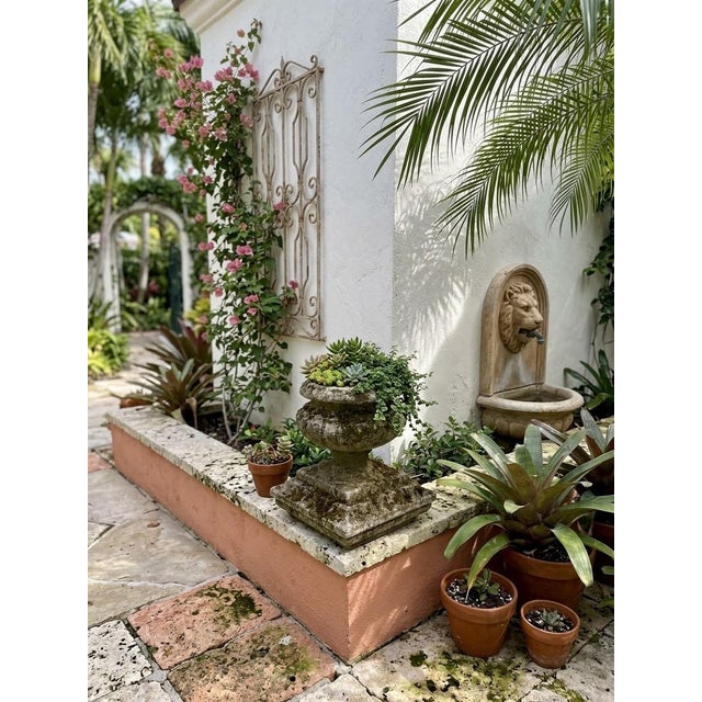 Vintage Weathered Cast Stone Garden Urn Planter on Stepped Square Pedestal Base For Sale - Image 11 of 12