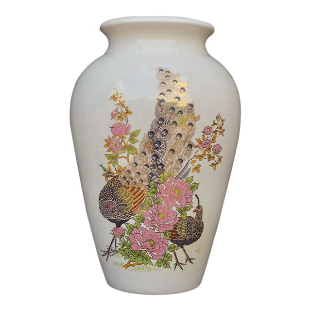 Vintage Chinese Porcelain Peacock Floral Motif Flared Vase For Sale