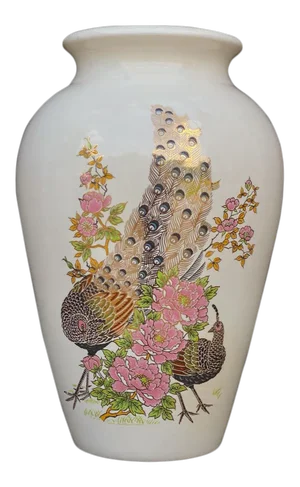Vintage Chinese Porcelain Peacock Floral Motif Flared Vase