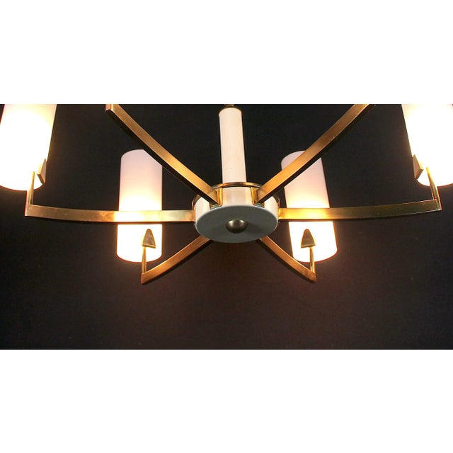Mid-Century Modern Stilnovo Chandelier, Mid-Century Brass & White , Six Opalines, Italy For Sale - Image 3 of 6