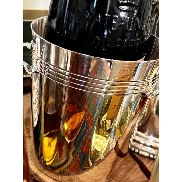 This breathtaking 1940s silver plate individual tabletop wine chiller and ice bucket showcases a timeless, sophisticated...