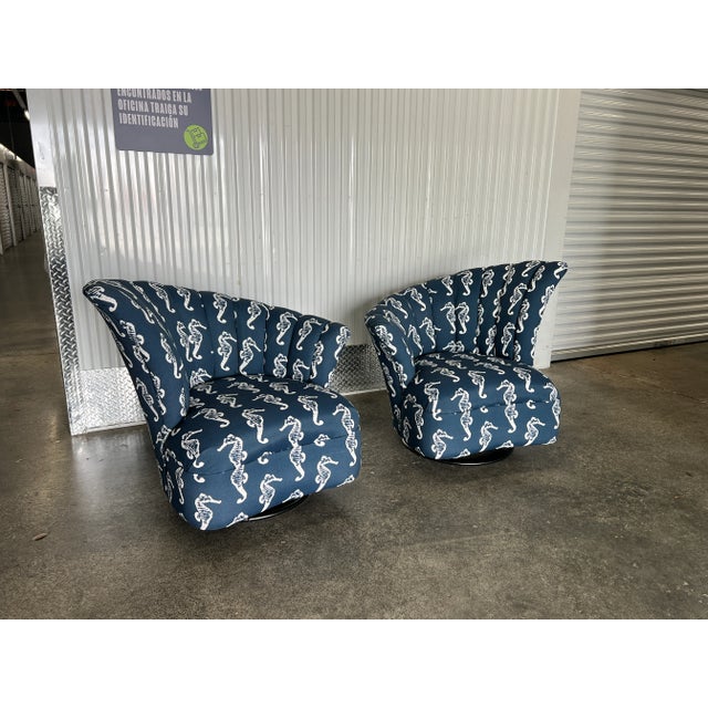 1970s 1970s Beach House Seahorse Fabric Covered Fan Back Lounge Chairs - a Pair For Sale - Image 5 of 10
