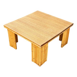 1950s Restored Rattan & Koa Wood Square Coffee Table W/ Stacked Rattan Legs For Sale
