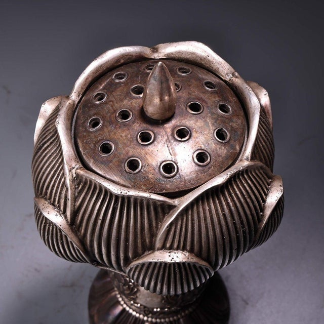 Copper Vintage Solid Copper Lotus Censer, High Relief Carved & Silver Washed Stemmed Incense Burner For Sale - Image 8 of 10