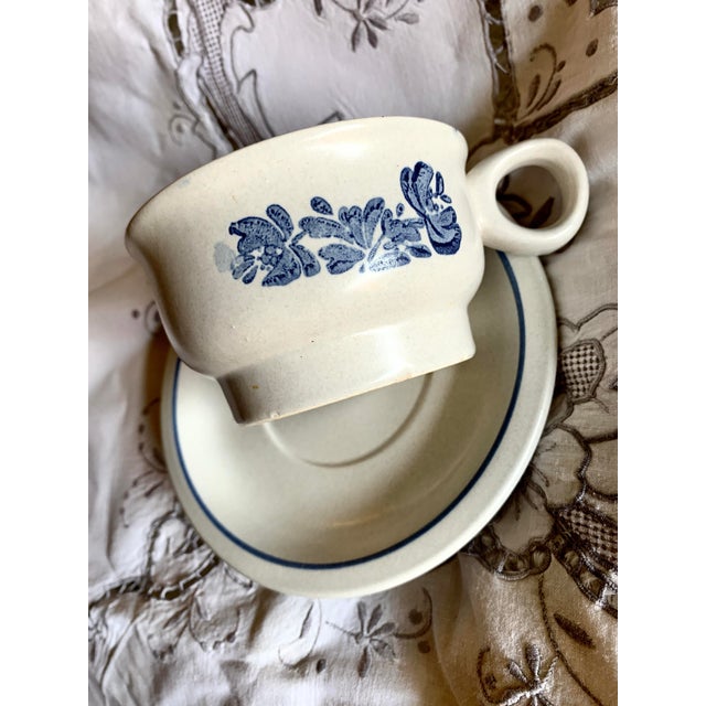 Vintage Pfaltzgraff Yorktowne Classic Blue Floral on Tan Stoneware Usa Made Saucer and Mug /Cup / Soup /Bowl Set- 10 Pieces For Sale - Image 11 of 12