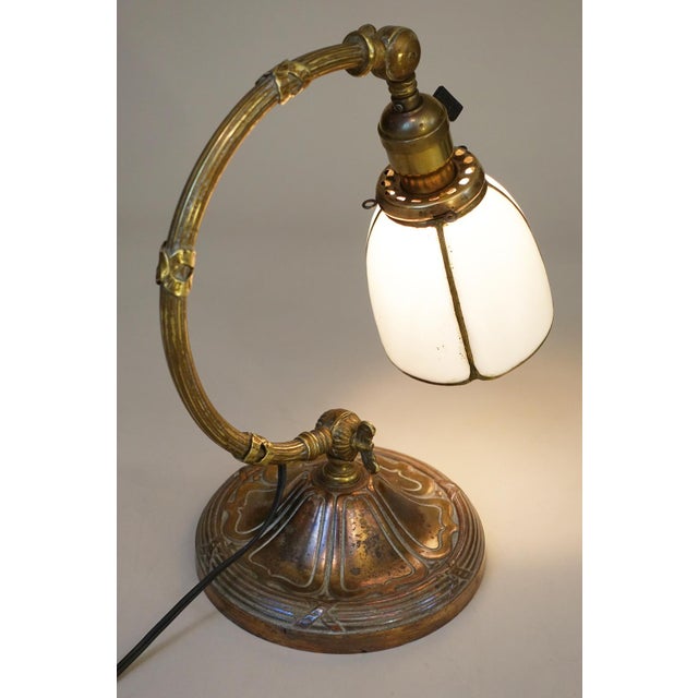 Brass 1910s Art Nouveau Edward Miller Industrial Machine Age Elaborate Brass Slag Glass Articulating Desk Table Piano Lamp For Sale - Image 8 of 12