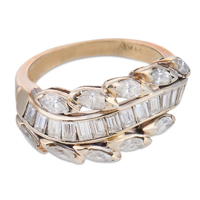 Modern Vintage Baguette Marquise Cut Diamond 14k White Gold Band Ring, Size 6 For Sale - Image 3 of 6
