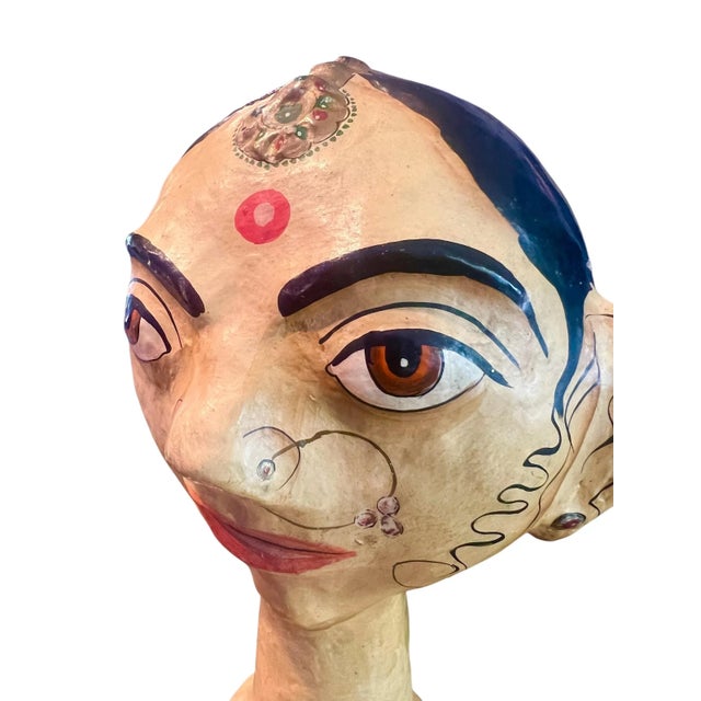 India Paper Mache Folk Art Bust Pair-Rajasthani Style Heads-Kasmiri-Sculpture For Sale - Image 11 of 15