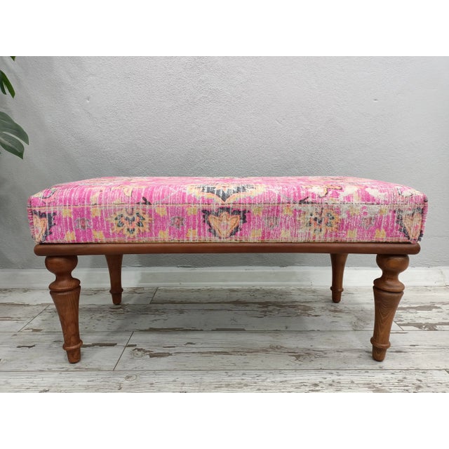 Handmade Woodwork Vanity Bench Upholstered in Rug Print Fabric For Sale - Image 12 of 12