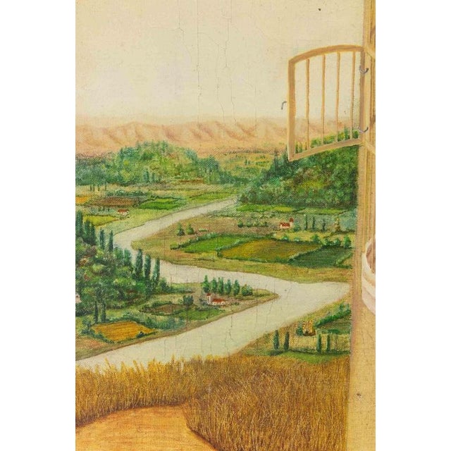 Oil on canvas realized in 1983. Signed and dated. A striking and contemplative surrealist composition depicting an empty...