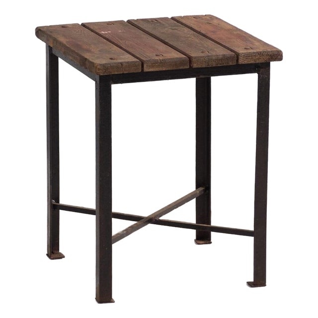 Vintage Industrial Stool in Pine Wood and Iron, Central Europe, 1950 For Sale