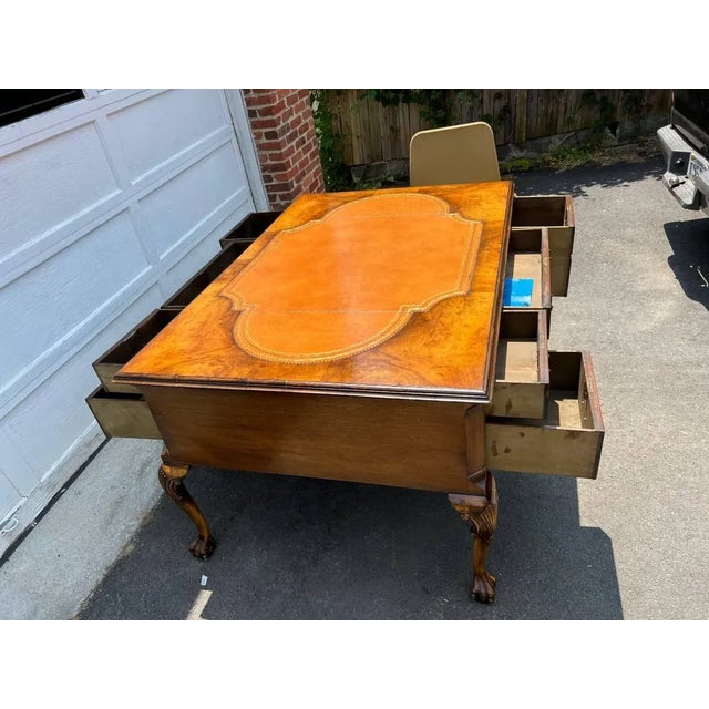 English 20th Century Chippendale Style Burled Wood & Walnut Leather Top Partner Desk For Sale - Image 3 of 13