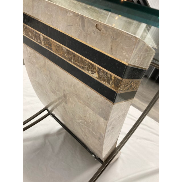 1980s Maitland-Smith Style Tessellated Stone and Iron Sculptural Base Glass Top Side End Table For Sale - Image 10 of 13