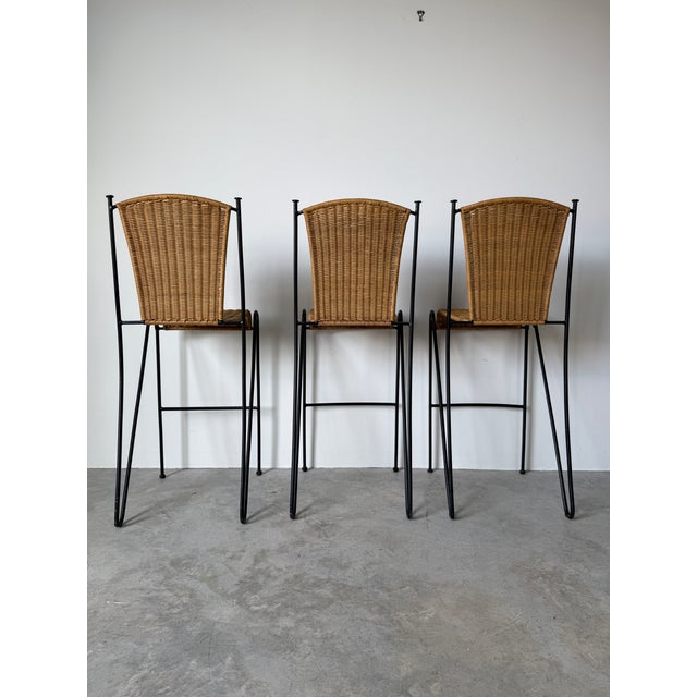 1970's Frederic Weinberg Style Rattan & Iron Bar Stools - Set of 3 For Sale - Image 9 of 14