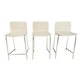 A Set of 3 Modern Grey Leather Stools Over Chrome Base Frame For Sale