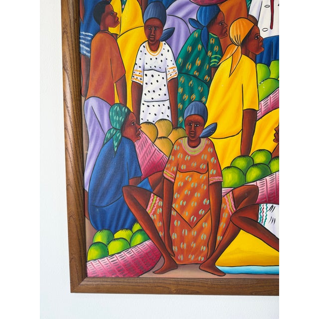 Wood 1980’s André Guervil Haitian Folk Art Market Scene Oil on Canvas Painting, Wood Framed For Sale - Image 7 of 12