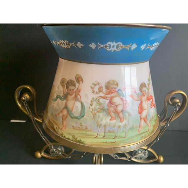 Blue Large Antique French or Austrian Figural Art Glass Cache Pot Jardiniere in Bronze Cradle Stand & Bronze Rim For Sale - Image 8 of 14