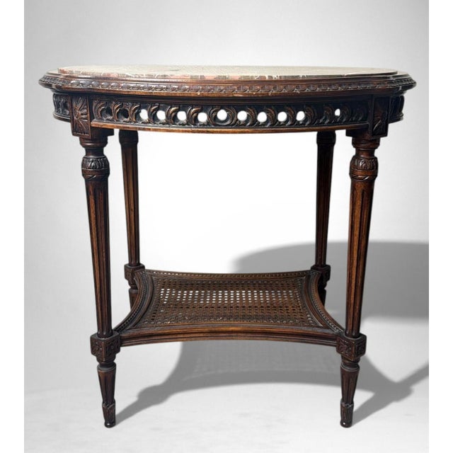 Early 20th Century Neoclassical Italian Walnut Side Table With Marble Top and Vienna Straw Shelf For Sale - Image 4 of 18