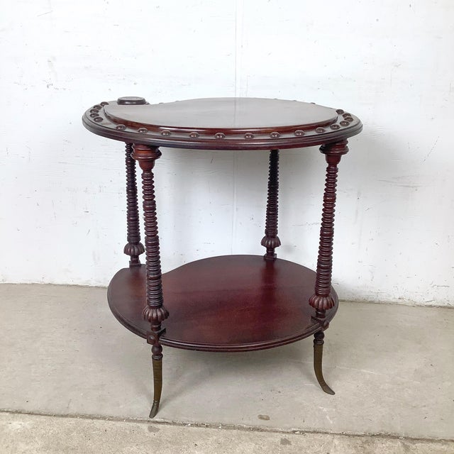 19th Century Antique Mahogany Two-Tier Kidney Table With Bobbin Turned Legs and Brass Feet For Sale - Image 5 of 12