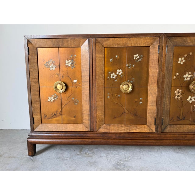 Hollywood Regency Vintage Renzo Rutili-Style Asian Inspired Walnut Sideboard With Hand-Painted Floral Doors For Sale - Image 3 of 12