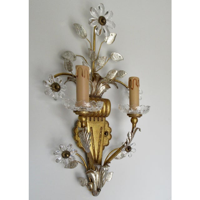 Early 20th Century Banci Gilt & Silvered Bronze Sconces, Italian With Rock Crystal Floral Motif Design -Pair For Sale - Image 12 of 18