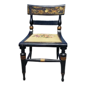 Early American Stencil Decorated Parcel Gilt Ebonized Needlepoint Side Chair