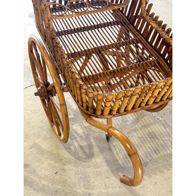 French Modernist Rattan Bar or Flower Cart with Bottle Holders For Sale - Image 4 of 18